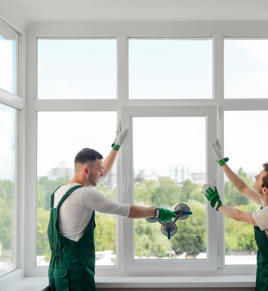 Construction workers install a window. Two young men are working indoors, mounting a window section on hinges.