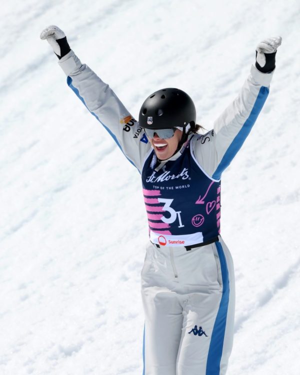 ST MORITZ, SWITZERLAND - MARCH 27: Kaila Kuhn of Team United States of America celebrates after she competes during Mixed Team Aerials Finals during Day 11 of the FIS Snowboard, Freestyle and Freeski World Championships 2025 on March 27, 2025 in St Moritz, Switzerland. (Photo by David Ramos/Getty Images)