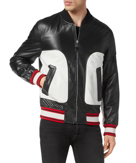 Jacknify Black White Leather Bomber