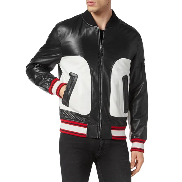 Jacknify Black White Leather Bomber
