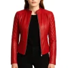 Womens Red Leather Quilted Biker Jacket