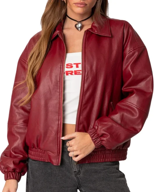 Maroon Leather Bomber Jacket Women