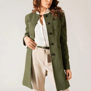 Women’s Round Neck Plain Green, Long Coat