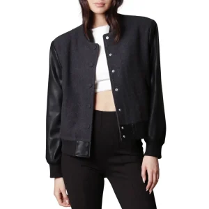 Womens Black Letterman Varsity Jacket With Leather Sleeves